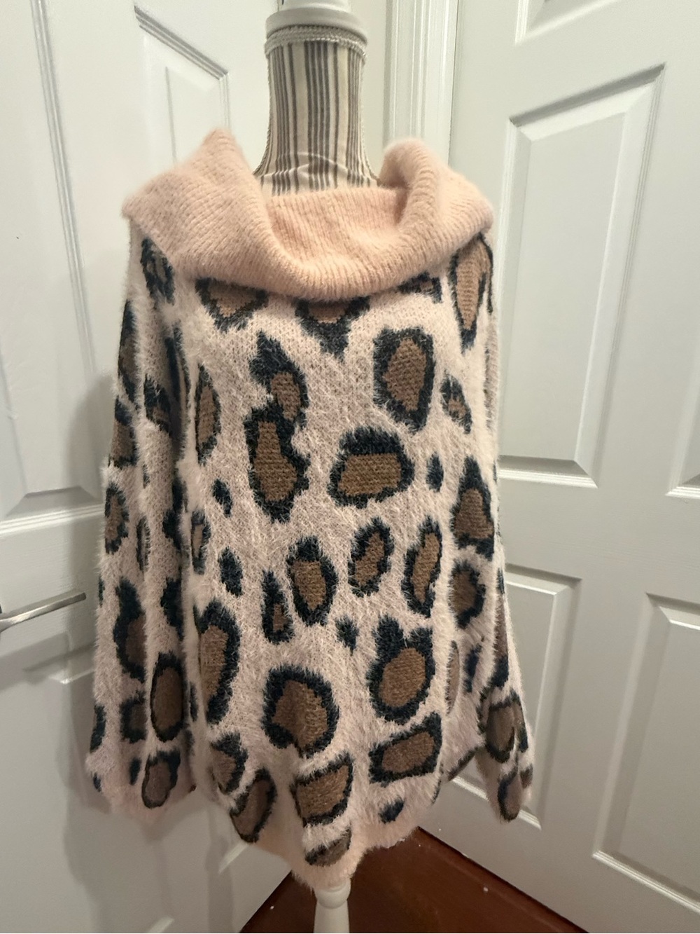 Cozy Taupe Leopard Print Cowl-Neck Sweater off the shoulder. Umgee. NWOT